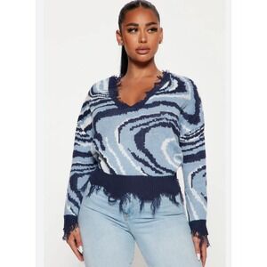 NWT JUST POLLY Lost My Marbles Sweater Navy white frayed size‎ L oversized
